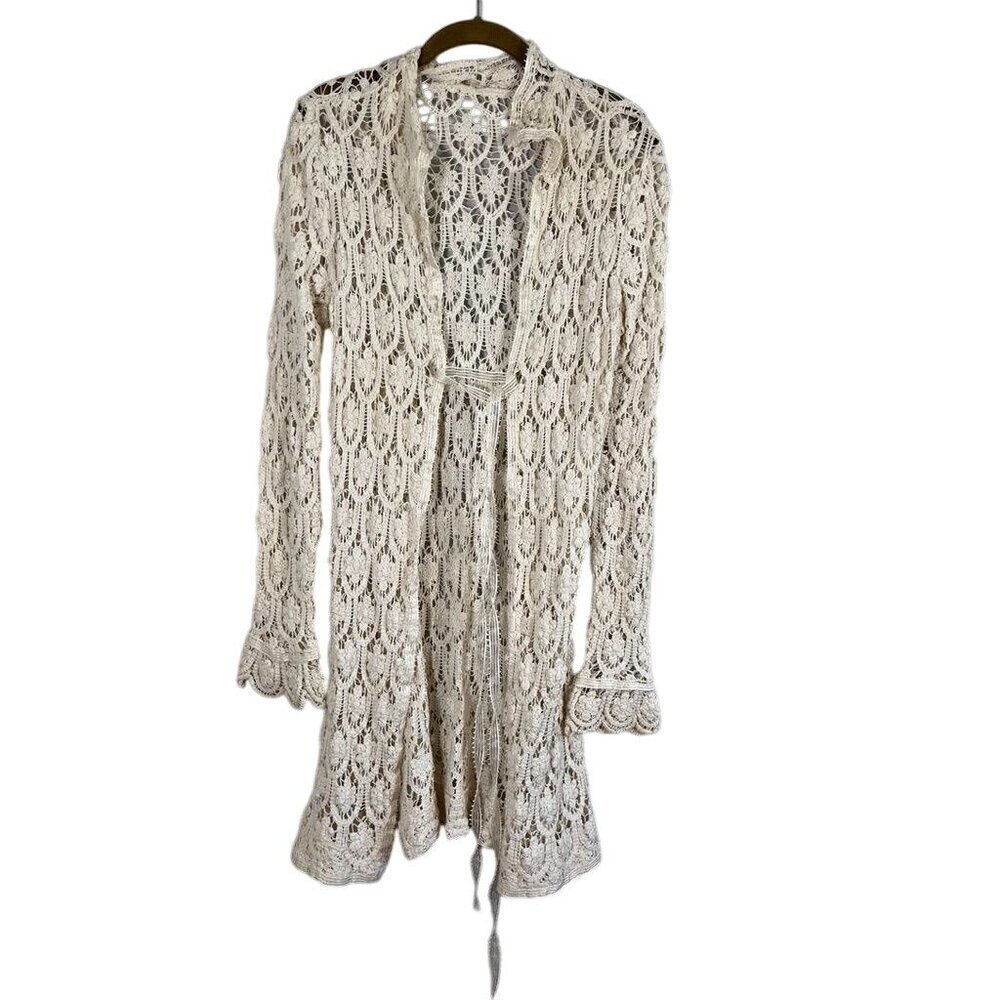 Women Cardigan Cream S Long Floral Crochet Western Union Boho Retro 80s Y2K